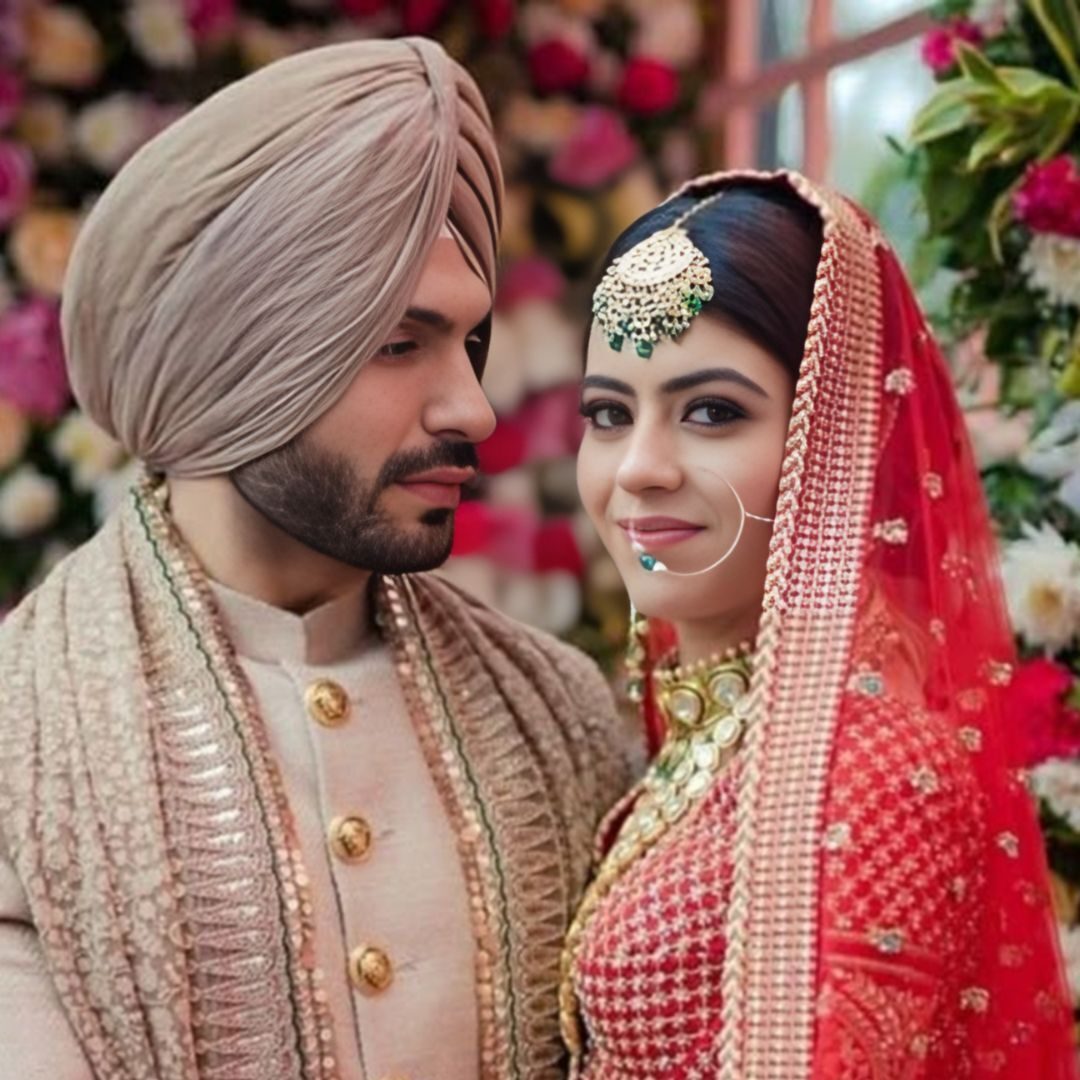 Punjabi bride and groom in traditional wedding attire posing elegantly together